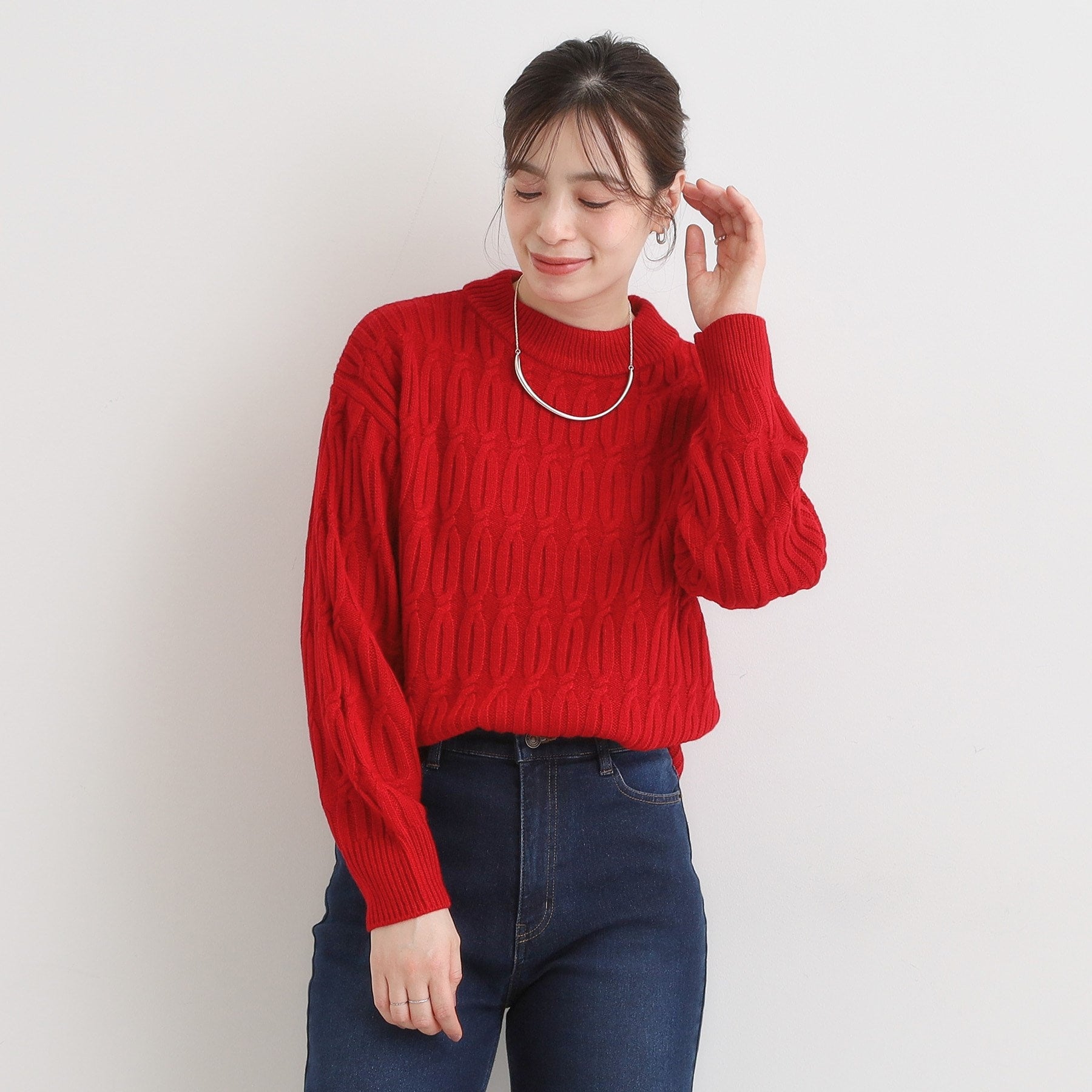 シューラルー SHOO・LA・RUE 【洗える／毛玉レス】シンプルケーブル柄ニット （レッド(062)） レッド(062)