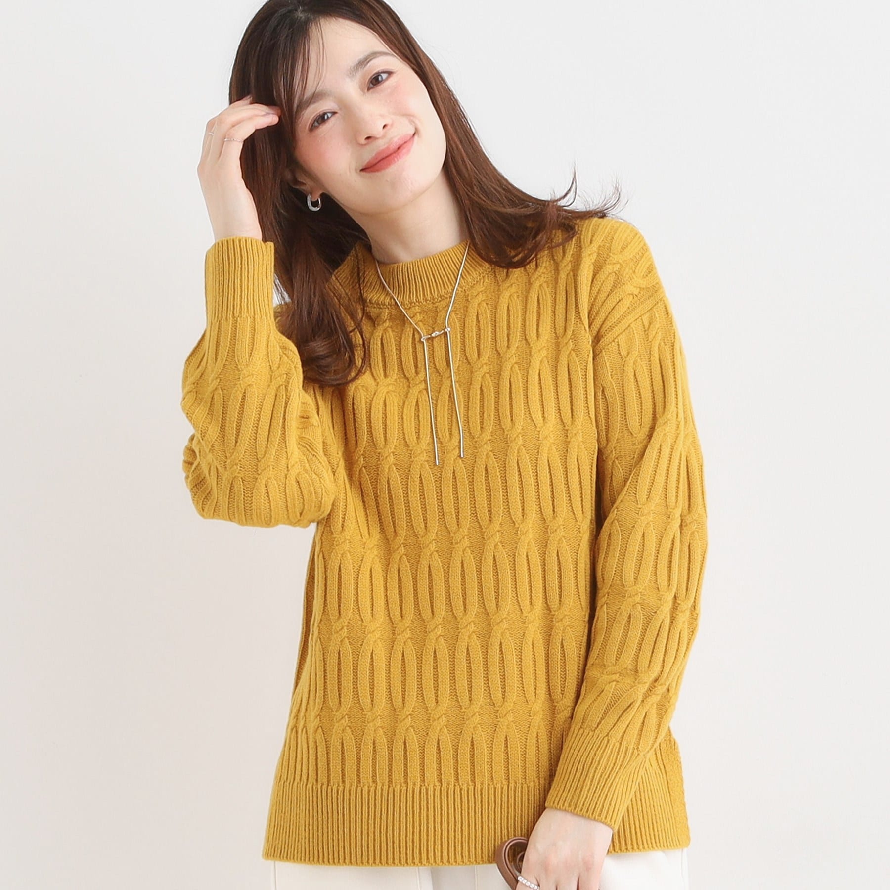 シューラルー SHOO・LA・RUE 【洗える／毛玉レス】シンプルケーブル柄ニット （イエロー(032)） イエロー(032)