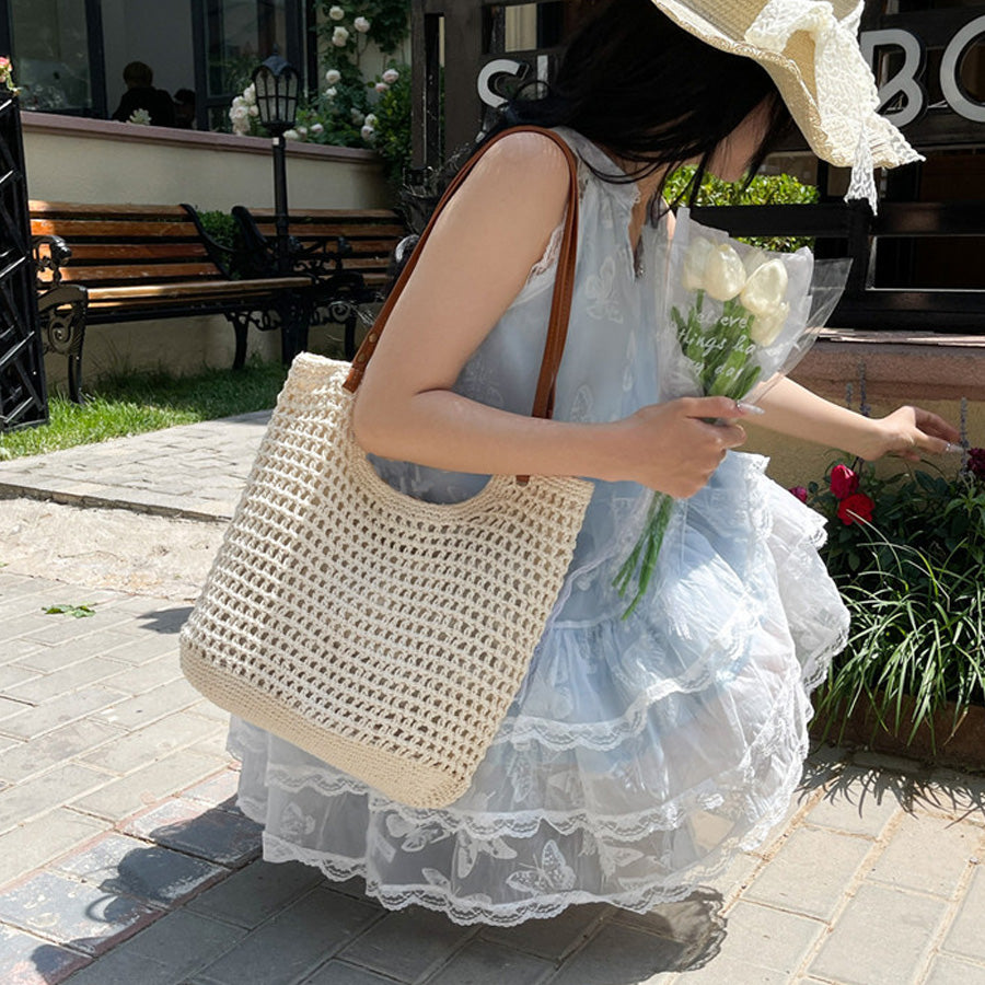 ショッピングゴー shoppinggo 編みバッグ レディース バッグ トートバッグ エコバッグ メッシュ かごバッグ 大容量 夏バッグ ネットバッグ 手提げ 肩掛け 無地 カジュアル デート （ベージュ） ベージュ