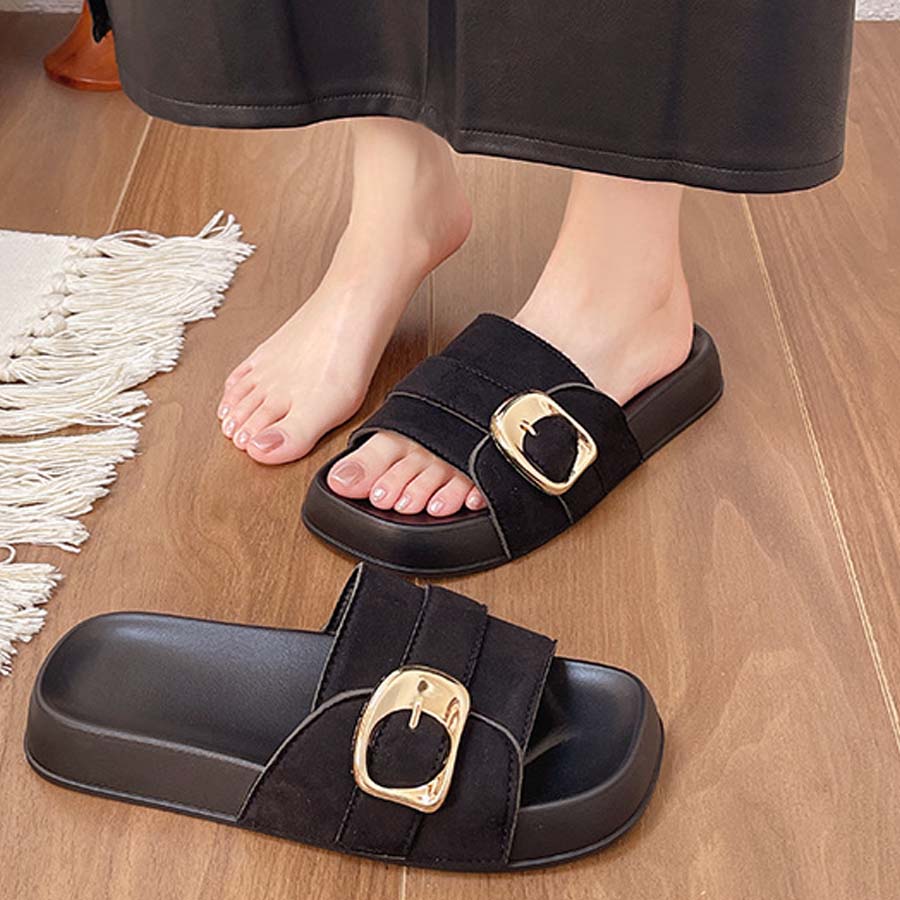 ショッピングゴー shoppinggo サンダル レディース スリッパ 履きやすい フラットサンダル ミュール 美脚 ぺたんこ 夏サンダル （ブラック） ブラック
