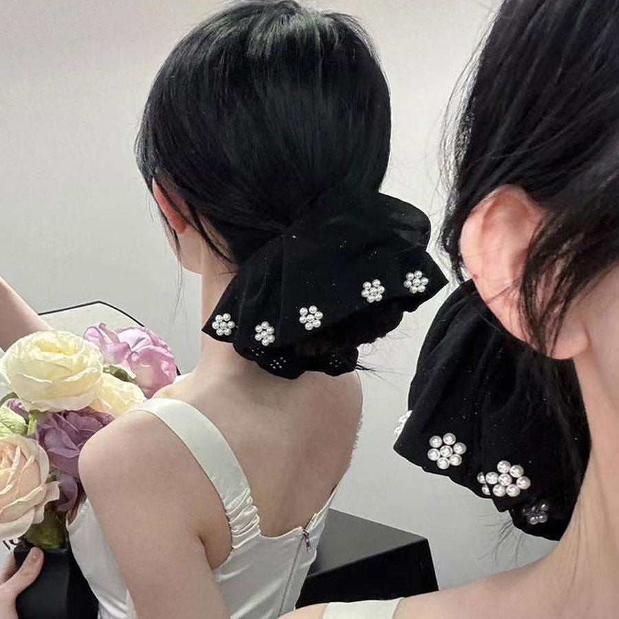 ショッピングゴー shoppinggo シュシュ ヘアゴム パール付き ヘアアレンジ 韓国 髪留め 髪飾り パーティー 二次会 お呼ばれ 結婚式 レディース ヘアアクセ （ブラック） ブラック