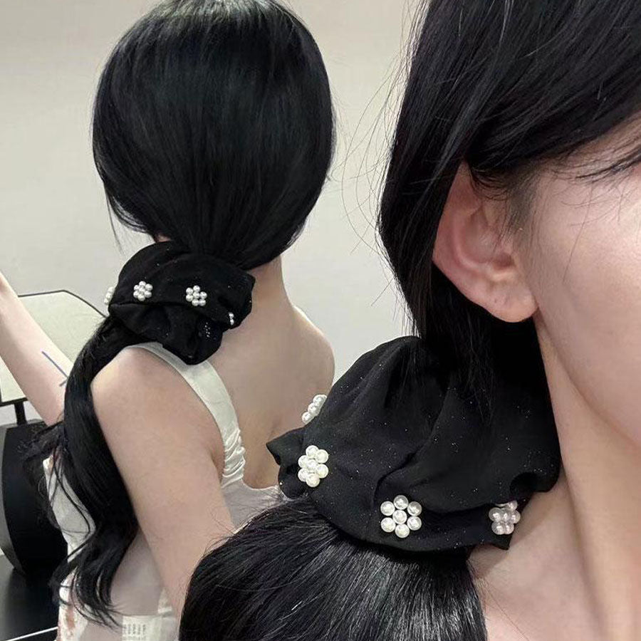 ショッピングゴー shoppinggo シュシュ ヘアゴム パール付き ヘアアレンジ 韓国 髪留め 髪飾り パーティー 二次会 お呼ばれ 結婚式 レディース ヘアアクセ （ブラック） ブラック