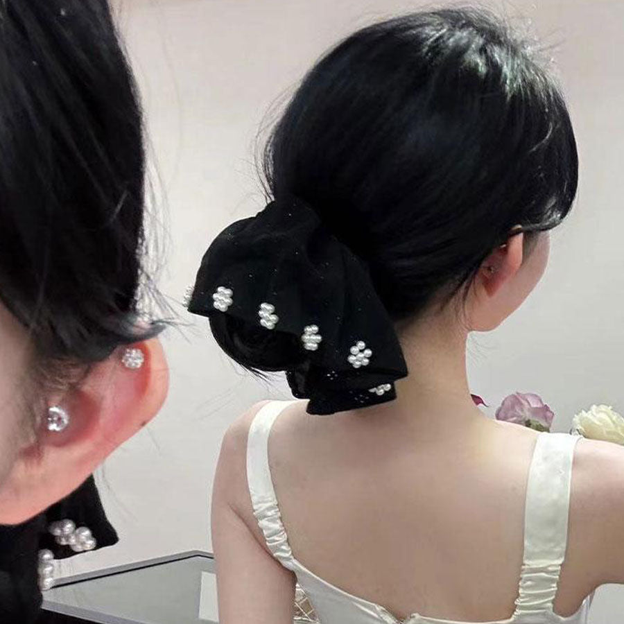 ショッピングゴー shoppinggo シュシュ ヘアゴム パール付き ヘアアレンジ 韓国 髪留め 髪飾り パーティー 二次会 お呼ばれ 結婚式 レディース ヘアアクセ （ブラック） ブラック