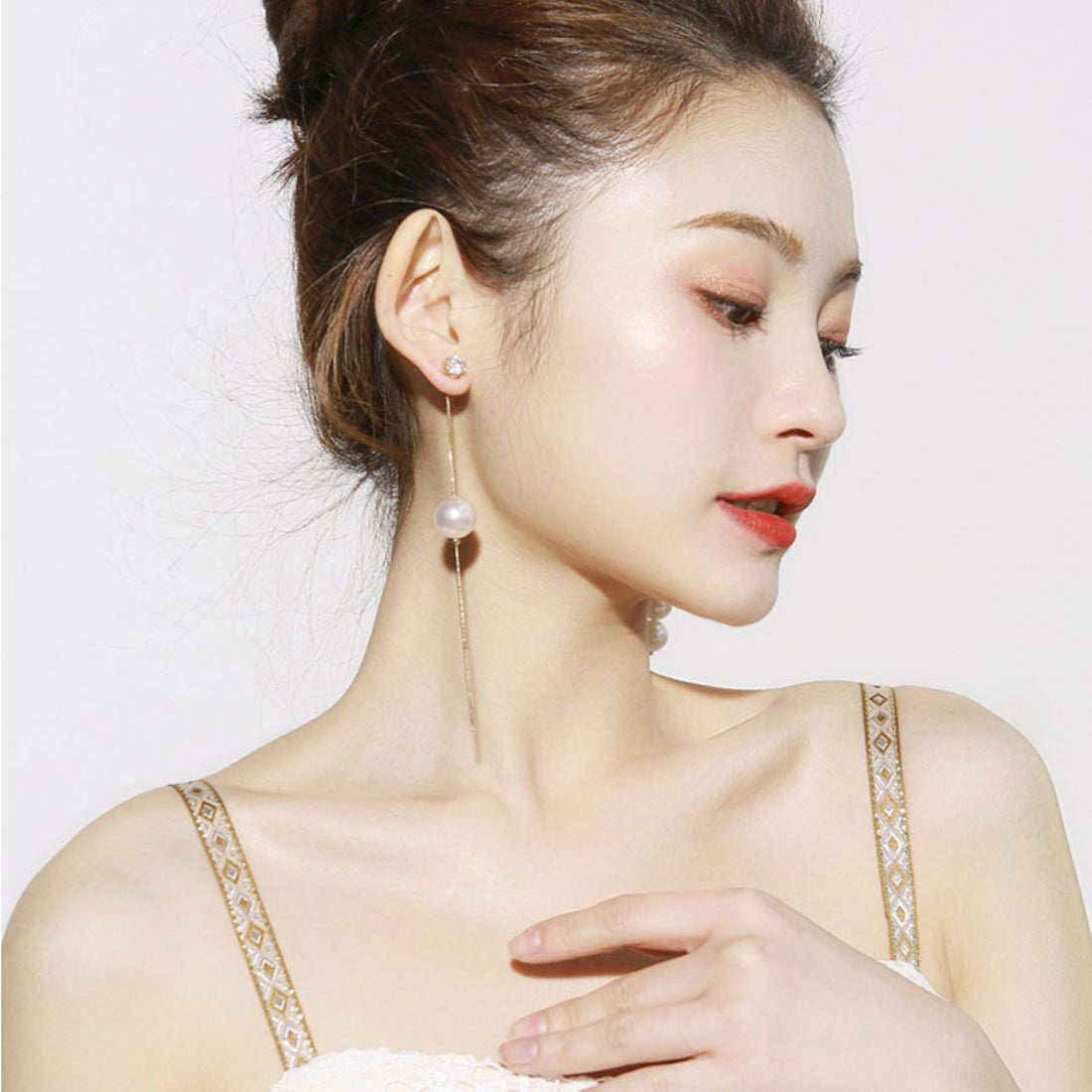 Shopping Go Shopping Go Earrings Pearl Long Dangling 2-way Pearl Earrings Asymmetrical Long Earrings Large Earrings Asymmetrical Cute