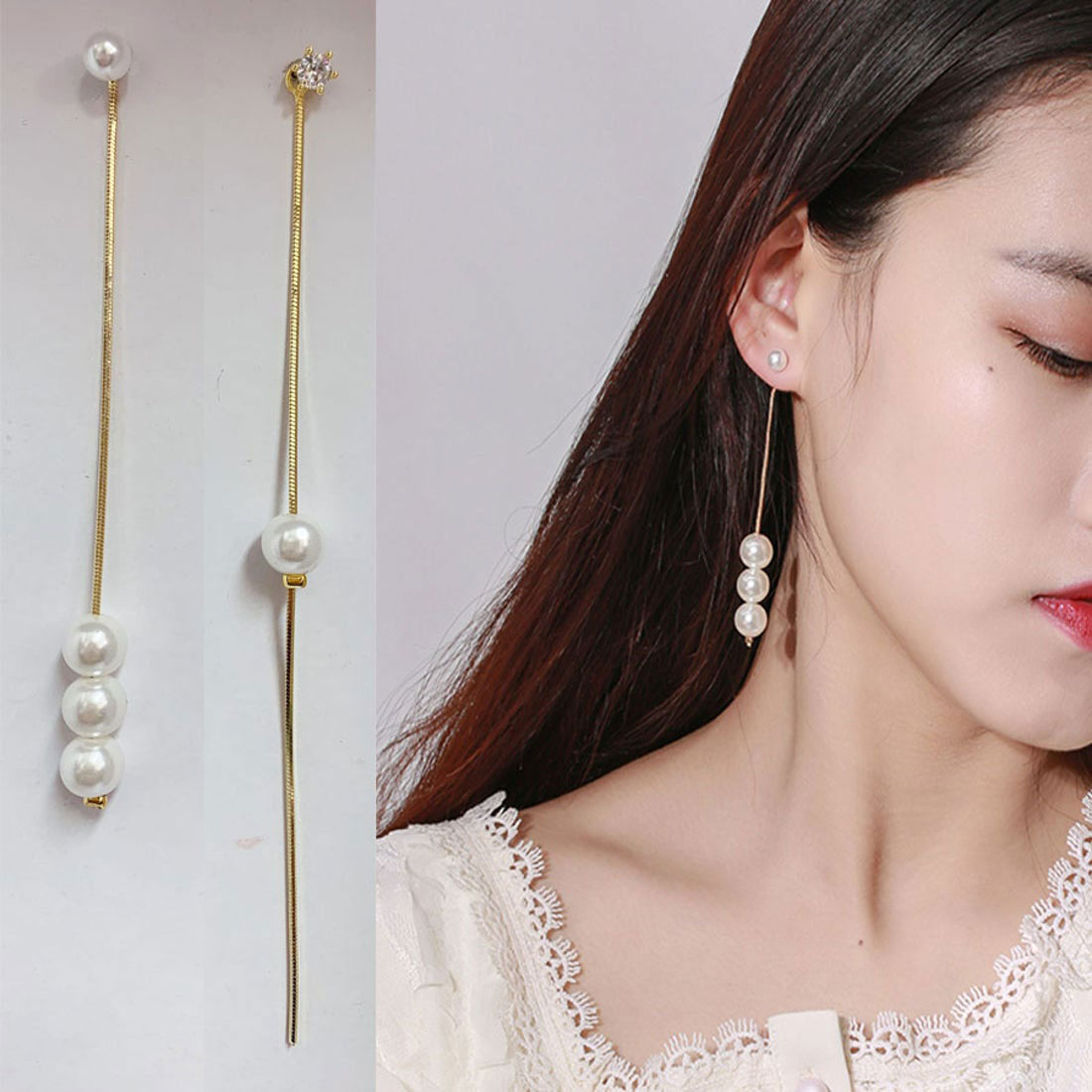 Shopping Go Shopping Go Earrings Pearl Long Dangling 2-way Pearl Earrings Asymmetrical Long Earrings Large Earrings Asymmetrical Cute