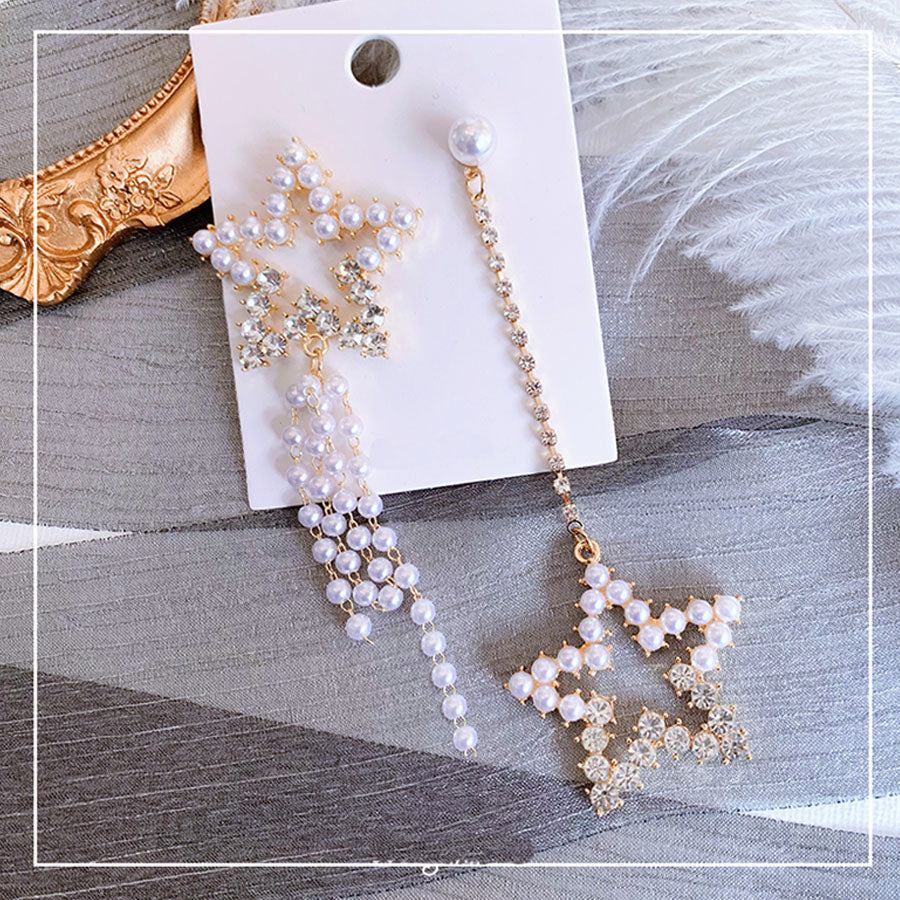 ショッピングゴー shoppinggo ピアス ロングピアス パール 揺れる 星 キラキラ 大ぶりピアス 左右非対称 かわいい お洒落 輝く小顔効果,ホワイト