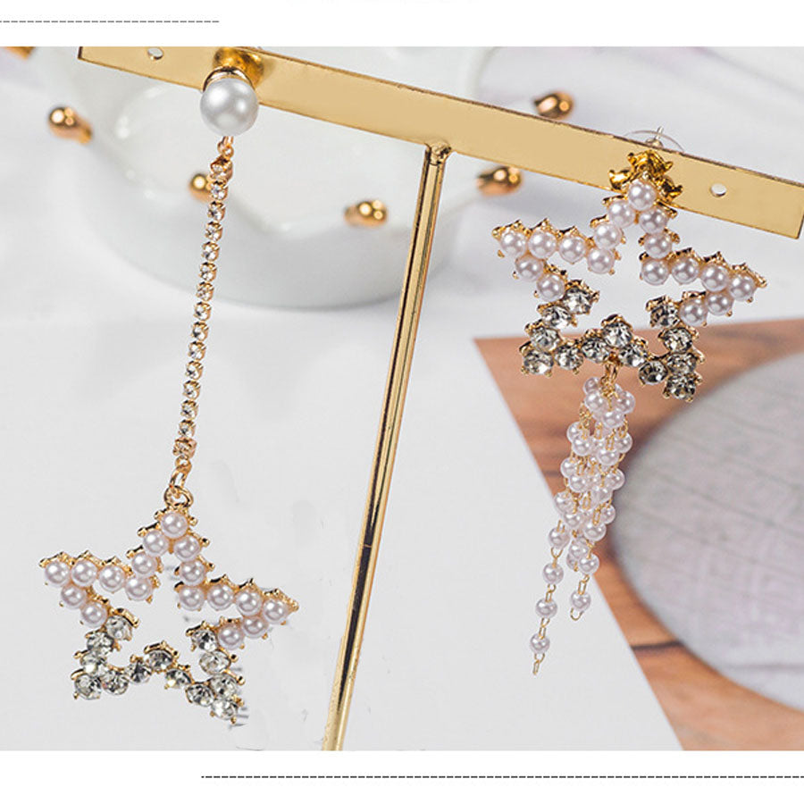 ショッピングゴー shoppinggo ピアス ロングピアス パール 揺れる 星 キラキラ 大ぶりピアス 左右非対称 かわいい お洒落 輝く小顔効果
