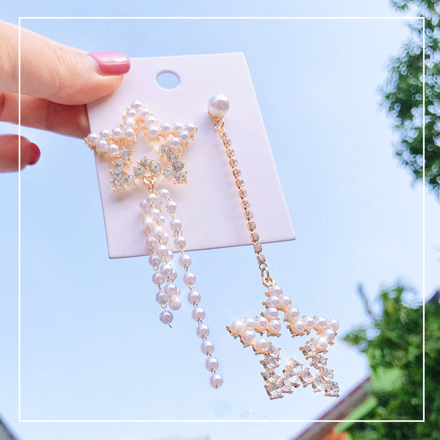 ショッピングゴー shoppinggo ピアス ロングピアス パール 揺れる 星 キラキラ 大ぶりピアス 左右非対称 かわいい お洒落 輝く小顔効果