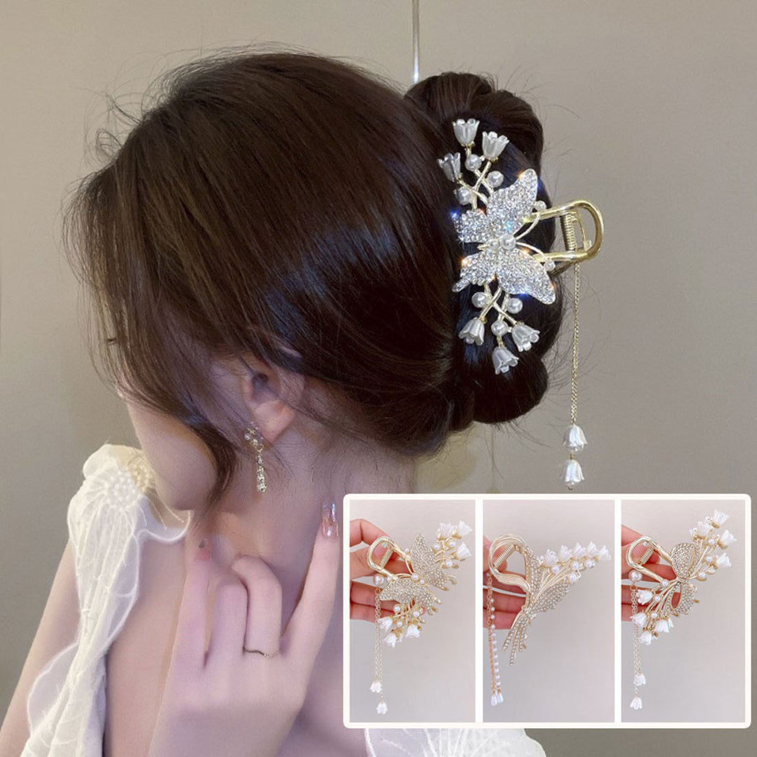 ショッピングゴー shoppinggo ヘアクリップ  髪留め 髪飾り バレッタ フラワー 蝶ヘアアクセサリー オシャレ上品 パーティー飾り ゆらゆらチェーン付き