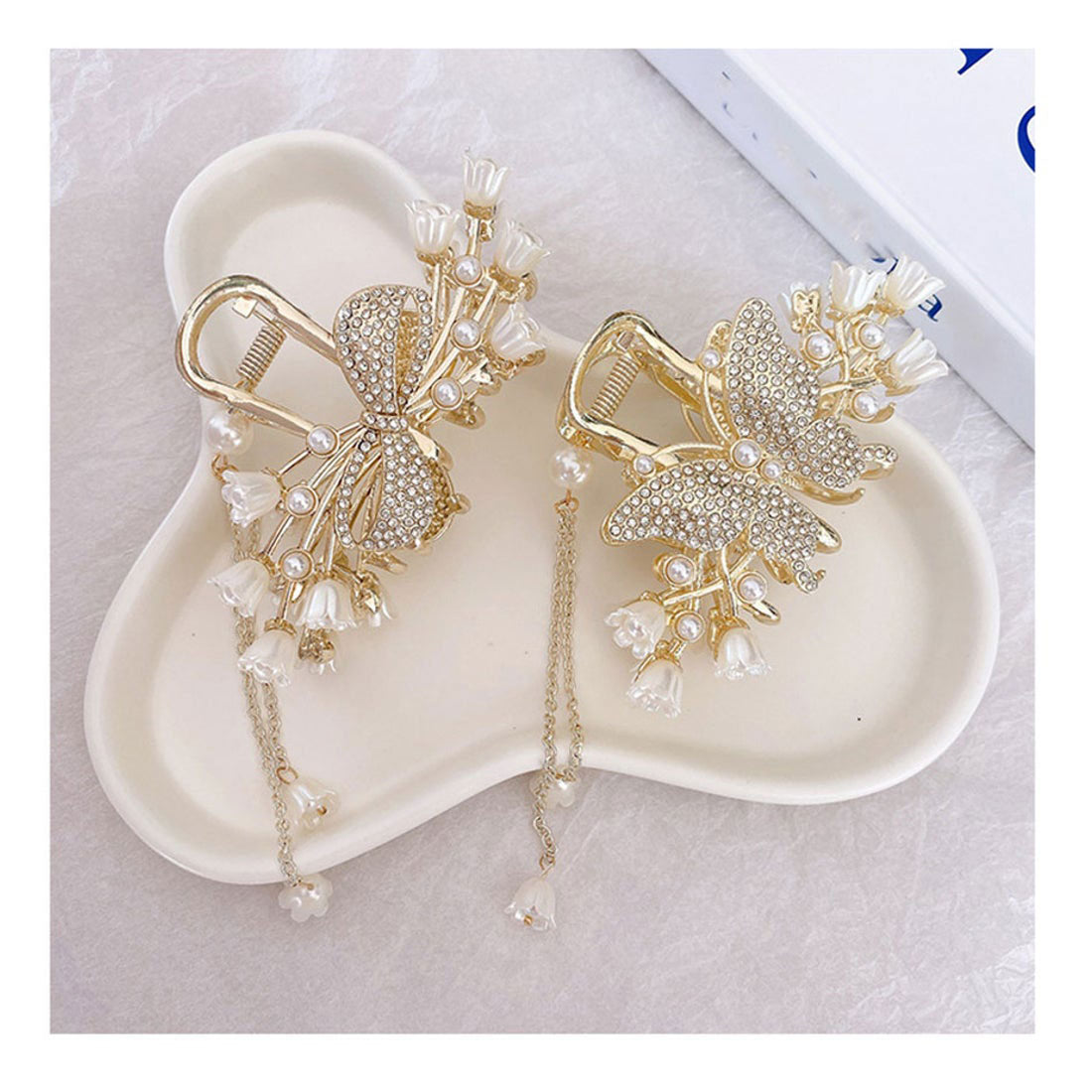 ショッピングゴー shoppinggo ヘアクリップ  髪留め 髪飾り バレッタ フラワー 蝶ヘアアクセサリー オシャレ上品 パーティー飾り ゆらゆらチェーン付き