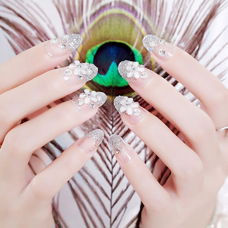 Shopping Go shoppinggo Nail Tips Short False Nails Nail Art Art Tips Flower Transparent Sparkling Simple Deco Tips Oval Wedding [Non-returnable item]