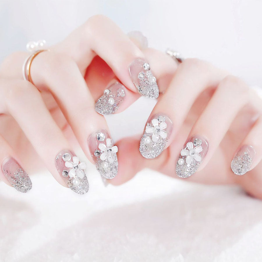 Shopping Go shoppinggo Nail Tips Short False Nails Nail Art Art Tips Flower Transparent Sparkling Simple Deco Tips Oval Wedding [Non-returnable item]