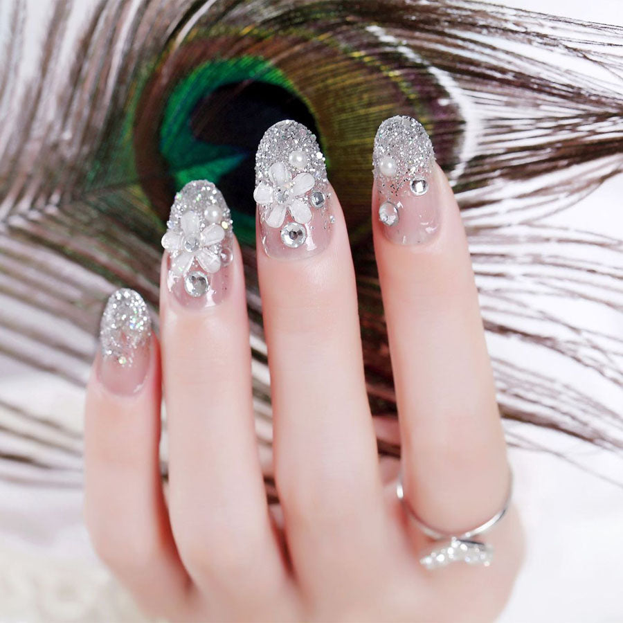Shopping Go shoppinggo Nail Tips Short False Nails Nail Art Art Tips Flower Transparent Sparkling Simple Deco Tips Oval Wedding [Non-returnable item]