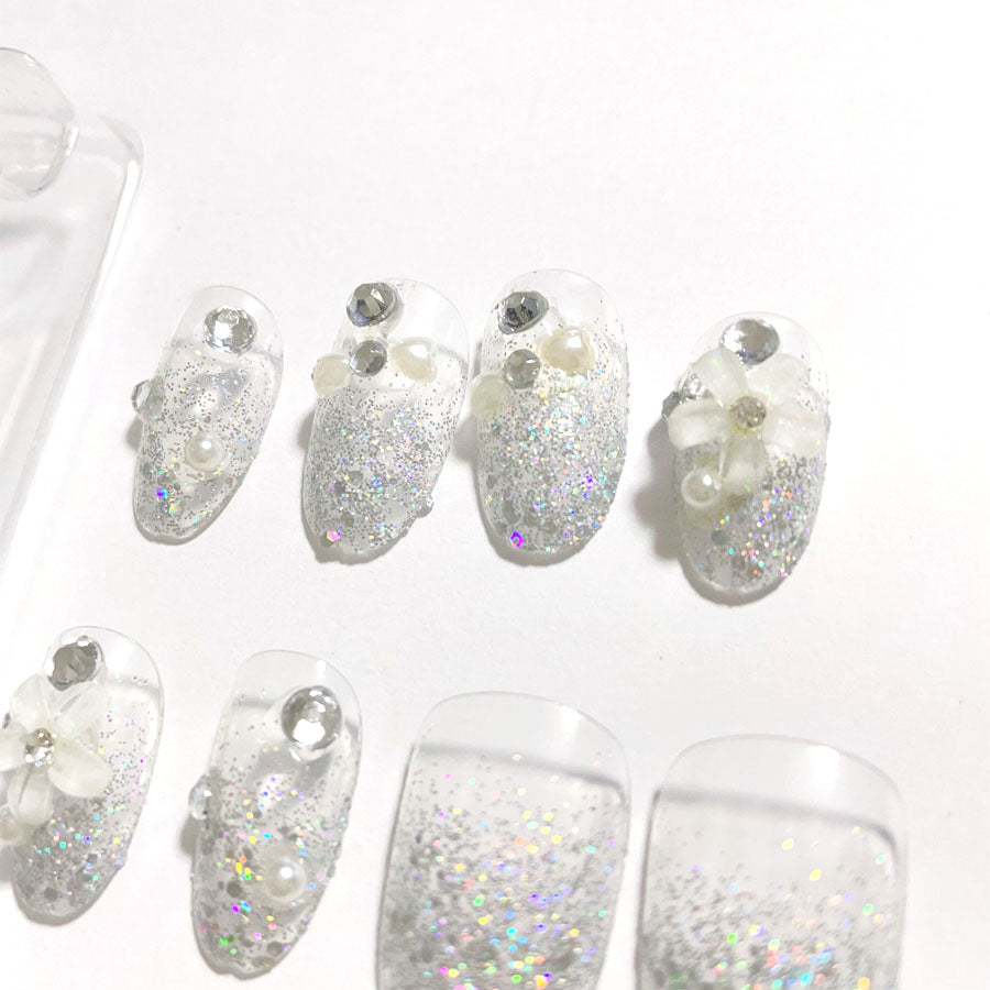 Shopping Go shoppinggo Nail Tips Short False Nails Nail Art Art Tips Flower Transparent Sparkling Simple Deco Tips Oval Wedding [Non-returnable item]