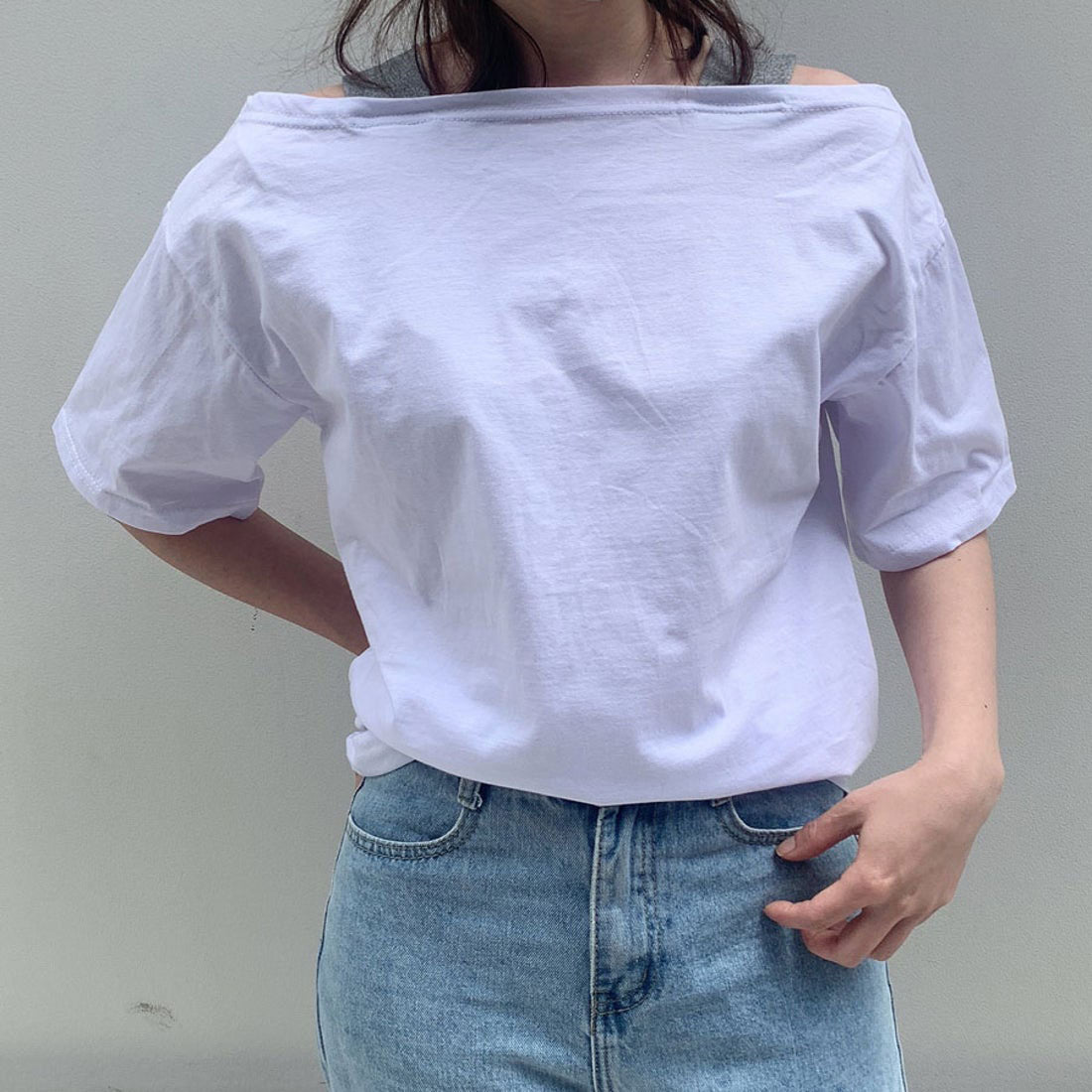 購物Go Shopping Go夏季服裝韓國時尚新的T恤衫肩膀Aki頂部短袖女士女士性感休閒cutsaw