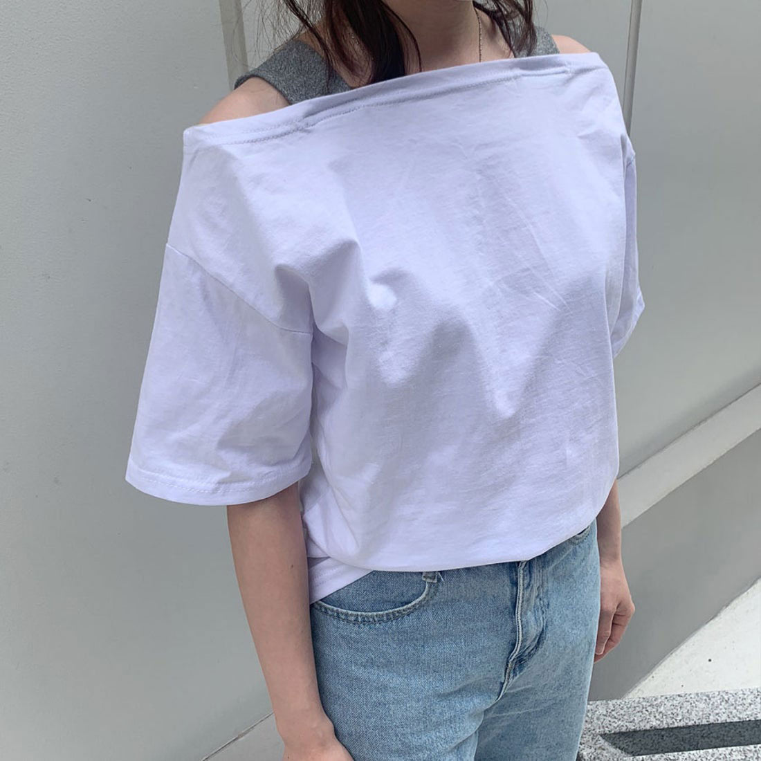 購物Go Shopping Go夏季服裝韓國時尚新的T恤衫肩膀Aki頂部短袖女士女士性感休閒cutsaw