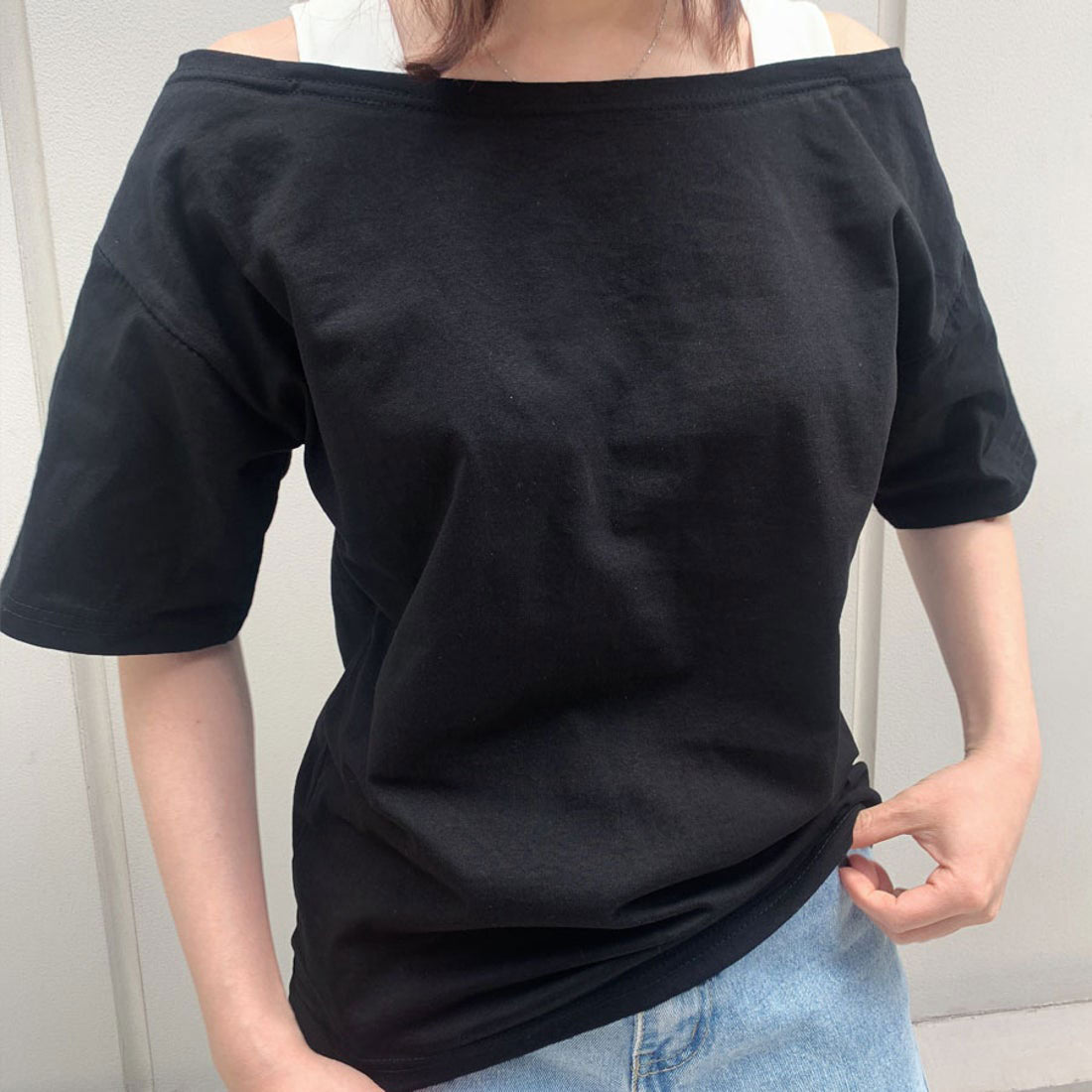 購物Go Shopping Go夏季服裝韓國時尚新的T恤衫肩膀Aki頂部短袖女士女士性感休閒cutsaw