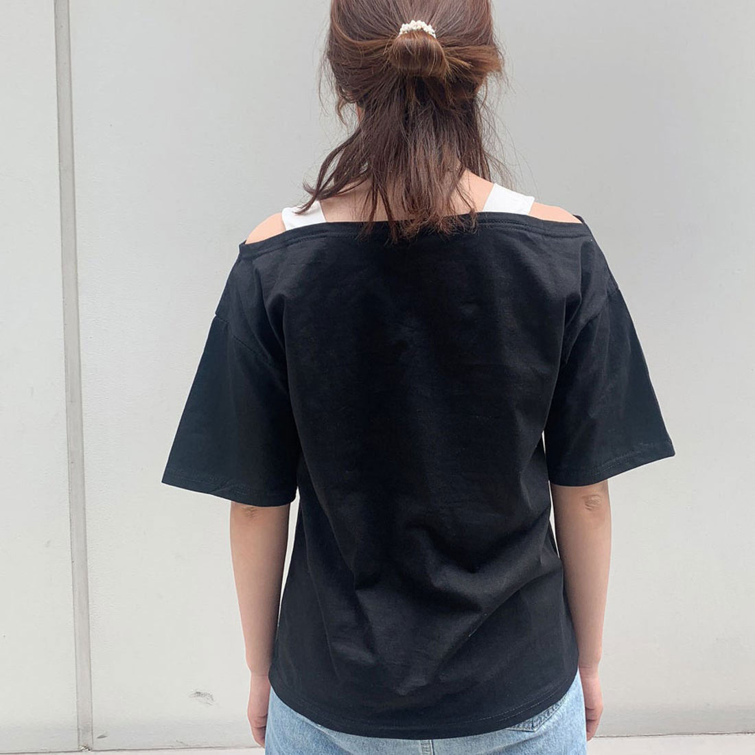購物Go Shopping Go夏季服裝韓國時尚新的T恤衫肩膀Aki頂部短袖女士女士性感休閒cutsaw