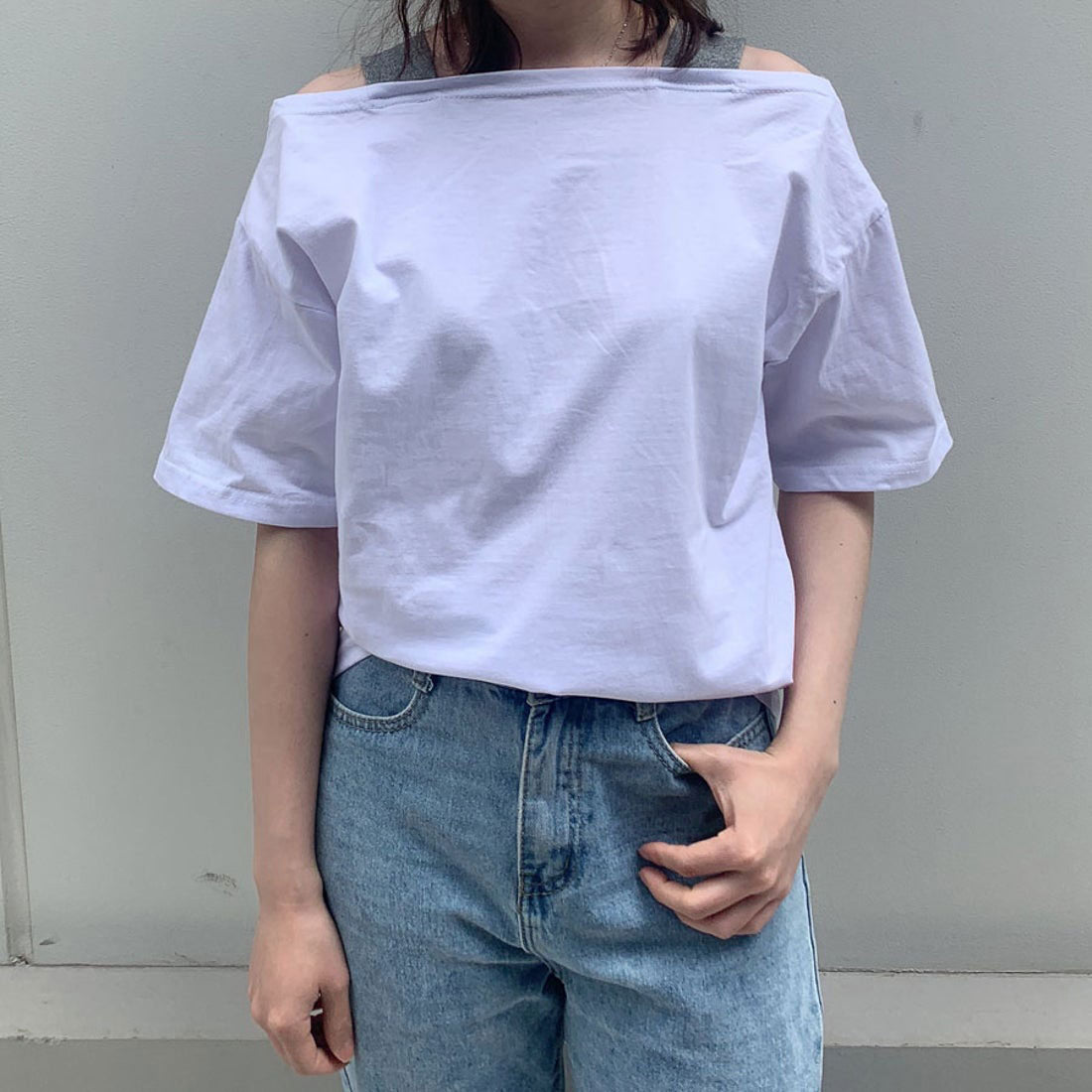 購物Go Shopping Go夏季服裝韓國時尚新的T恤衫肩膀Aki頂部短袖女士女士性感休閒cutsaw