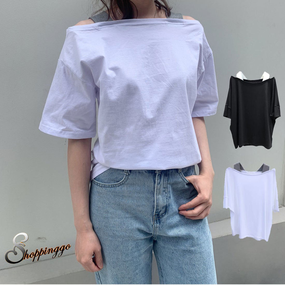 購物Go Shopping Go夏季服裝韓國時尚新的T恤衫肩膀Aki頂部短袖女士女士性感休閒cutsaw