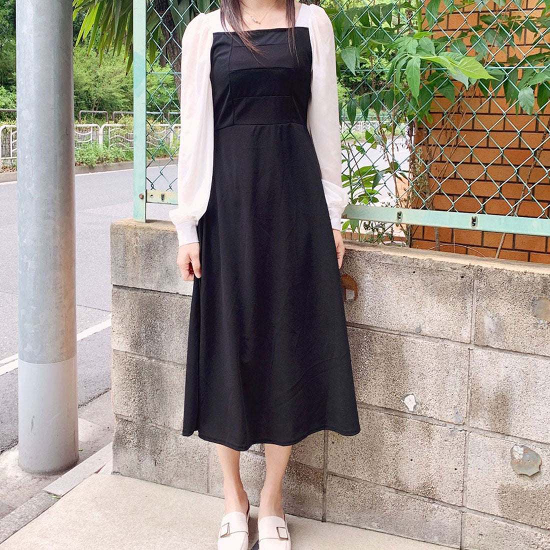 Shoppinggo Shoppinggo One-piece dress Boat neck Long flare dress Below the knee Adult Neat Plain Stylish Office Ladies