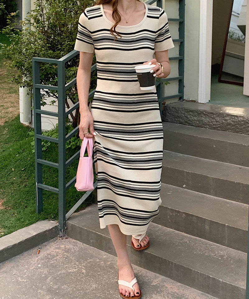 ショッピングゴー shoppinggo ニットワンピース ボーダー柄 ロング丈 半袖 スクエアネック マキシ丈 フェミニン 切り替え レトロ レデイーズ 韓国ファッション,ベージュ