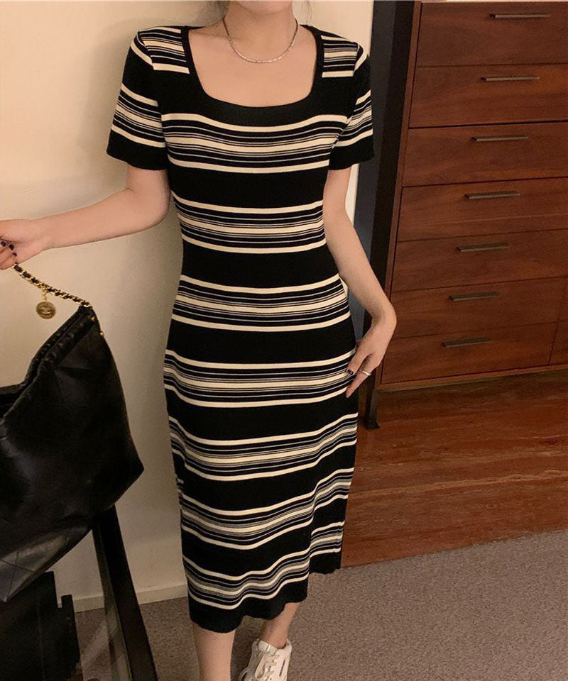 ショッピングゴー shoppinggo ニットワンピース ボーダー柄 ロング丈 半袖 スクエアネック マキシ丈 フェミニン 切り替え レトロ レデイーズ 韓国ファッション