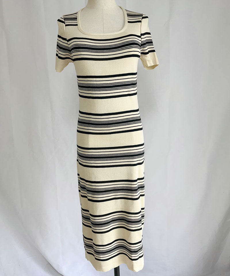 ショッピングゴー shoppinggo ニットワンピース ボーダー柄 ロング丈 半袖 スクエアネック マキシ丈 フェミニン 切り替え レトロ レデイーズ 韓国ファッション