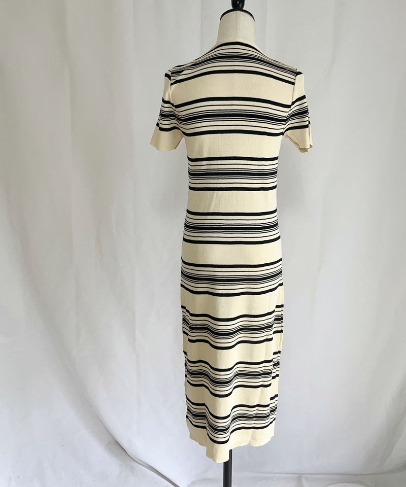 ショッピングゴー shoppinggo ニットワンピース ボーダー柄 ロング丈 半袖 スクエアネック マキシ丈 フェミニン 切り替え レトロ レデイーズ 韓国ファッション