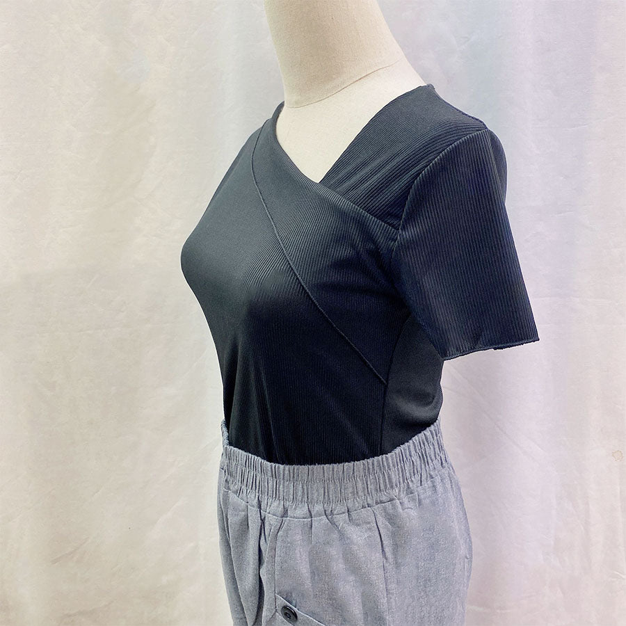 Shoppinggo Cut and Sew Women's Ribbed Top Thin Korean Fashion T-Shirt Tight Spring Simple Plain