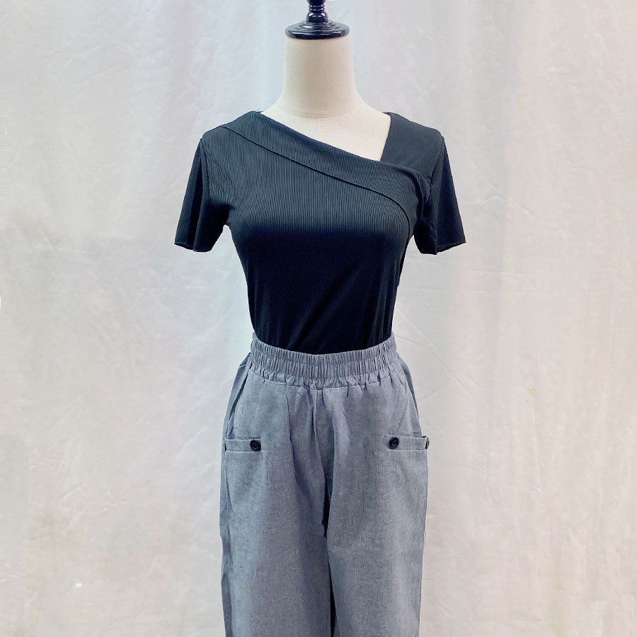 Shoppinggo Cut and Sew Women's Ribbed Top Thin Korean Fashion T-Shirt Tight Spring Simple Plain