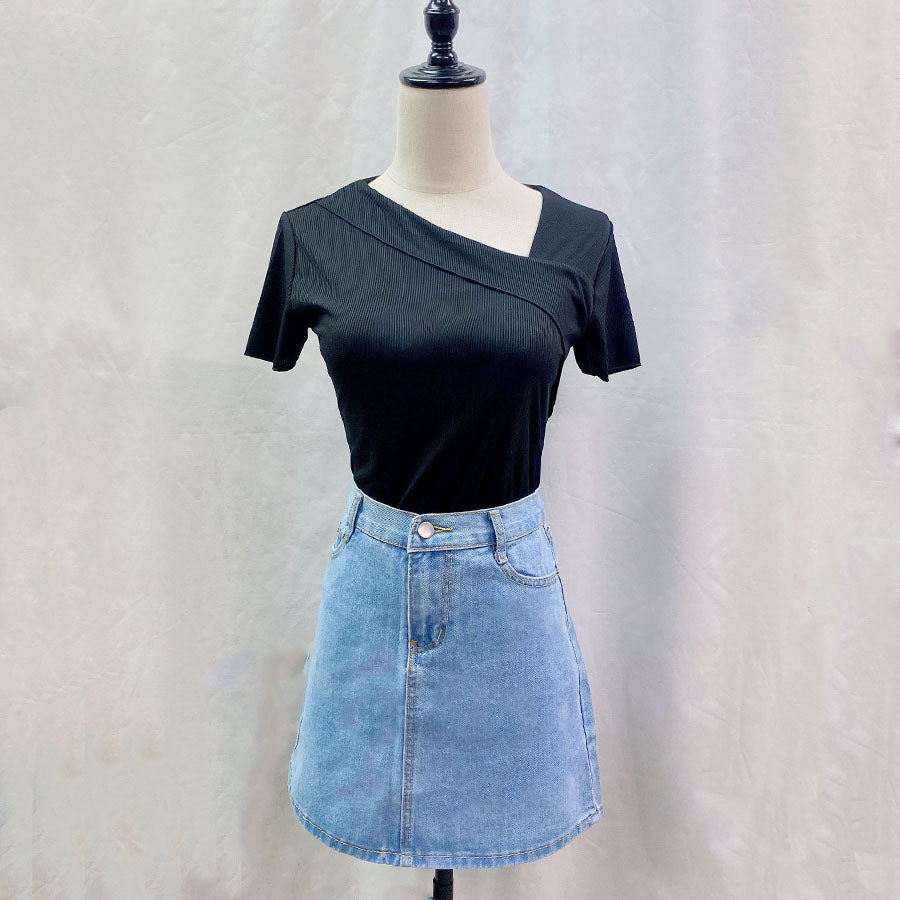 Shoppinggo Cut and Sew Women's Ribbed Top Thin Korean Fashion T-Shirt Tight Spring Simple Plain