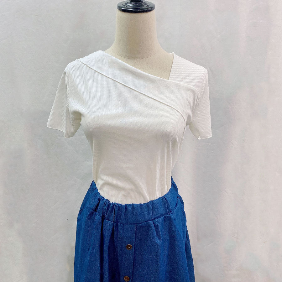 Shoppinggo Cut and Sew Women's Ribbed Top Thin Korean Fashion T-Shirt Tight Spring Simple Plain