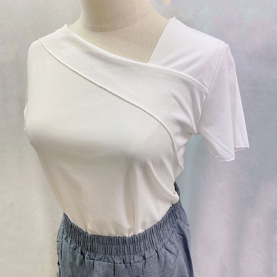 Shoppinggo Cut and Sew Women's Ribbed Top Thin Korean Fashion T-Shirt Tight Spring Simple Plain