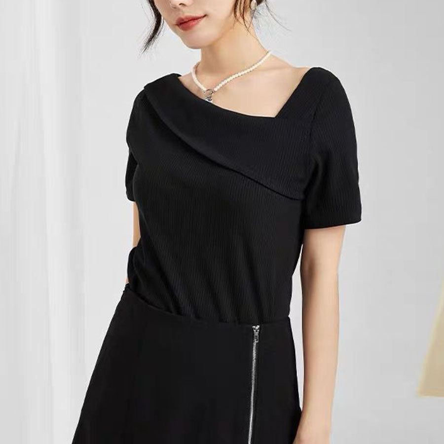 Shoppinggo Cut and Sew Women's Ribbed Top Thin Korean Fashion T-Shirt Tight Spring Simple Plain