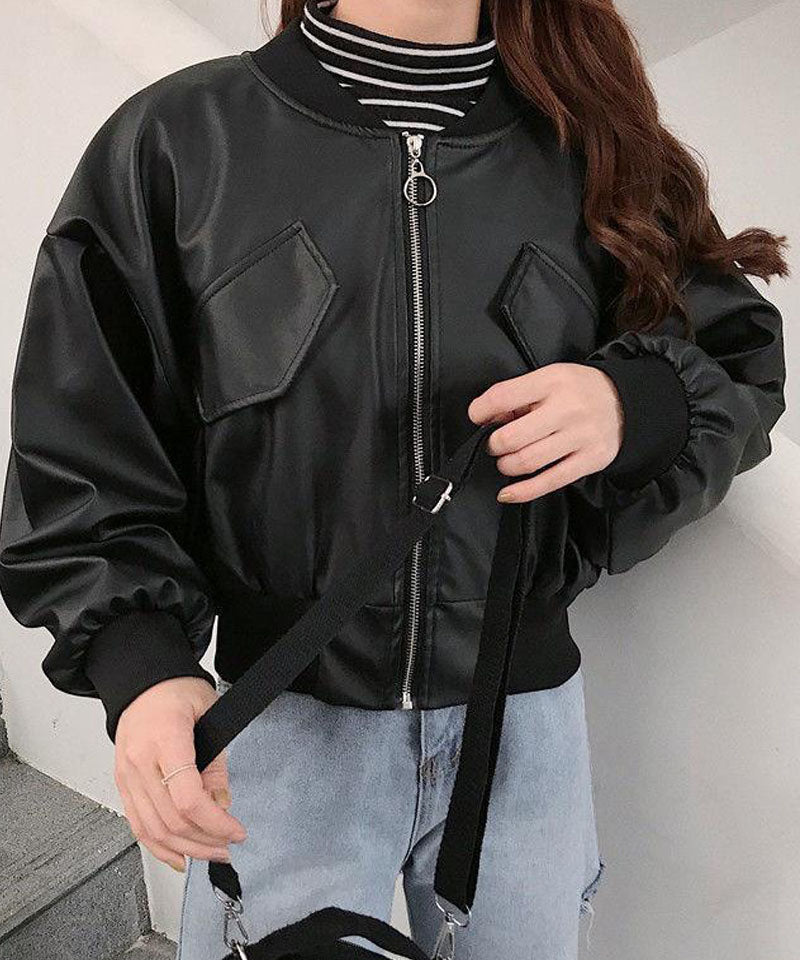 Shopping Go PU Jacket Women's Leather Jacket Women's Blouson Leather-Look Korean Style Outer Short Length