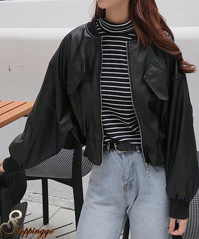 Shopping Go PU Jacket Women's Leather Jacket Women's Blouson Leather-Look Korean Style Outer Short Length