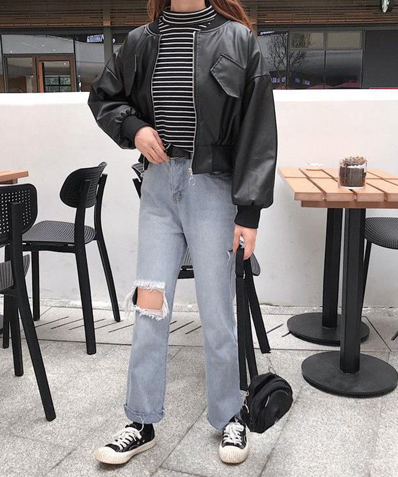 Shopping Go PU Jacket Women's Leather Jacket Women's Blouson Leather-Look Korean Style Outer Short Length