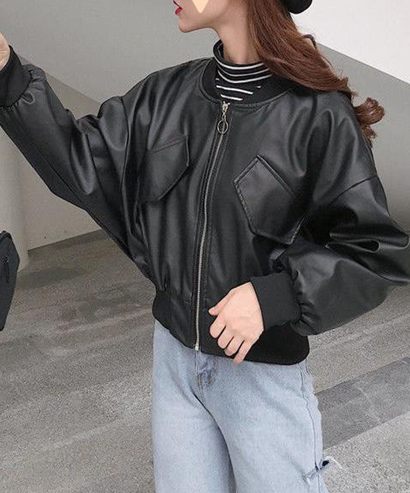 Shopping Go PU Jacket Women's Leather Jacket Women's Blouson Leather-Look Korean Style Outer Short Length