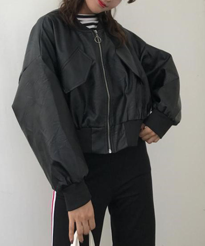 Shopping Go PU Jacket Women's Leather Jacket Women's Blouson Leather-Look Korean Style Outer Short Length