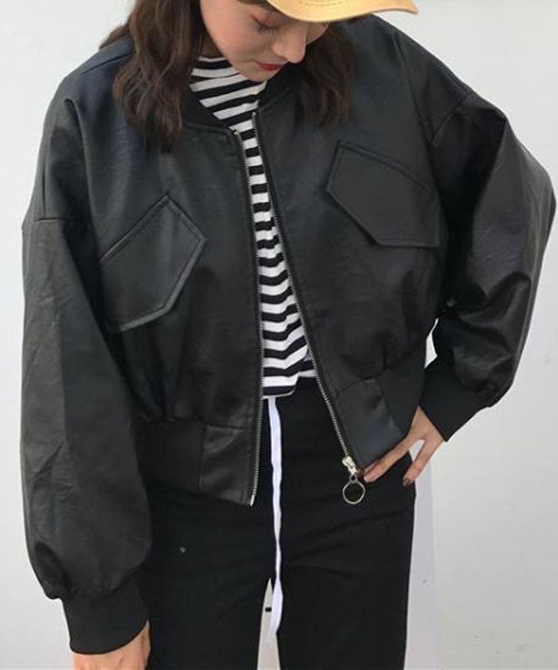 Shopping Go PU Jacket Women's Leather Jacket Women's Blouson Leather-Look Korean Style Outer Short Length