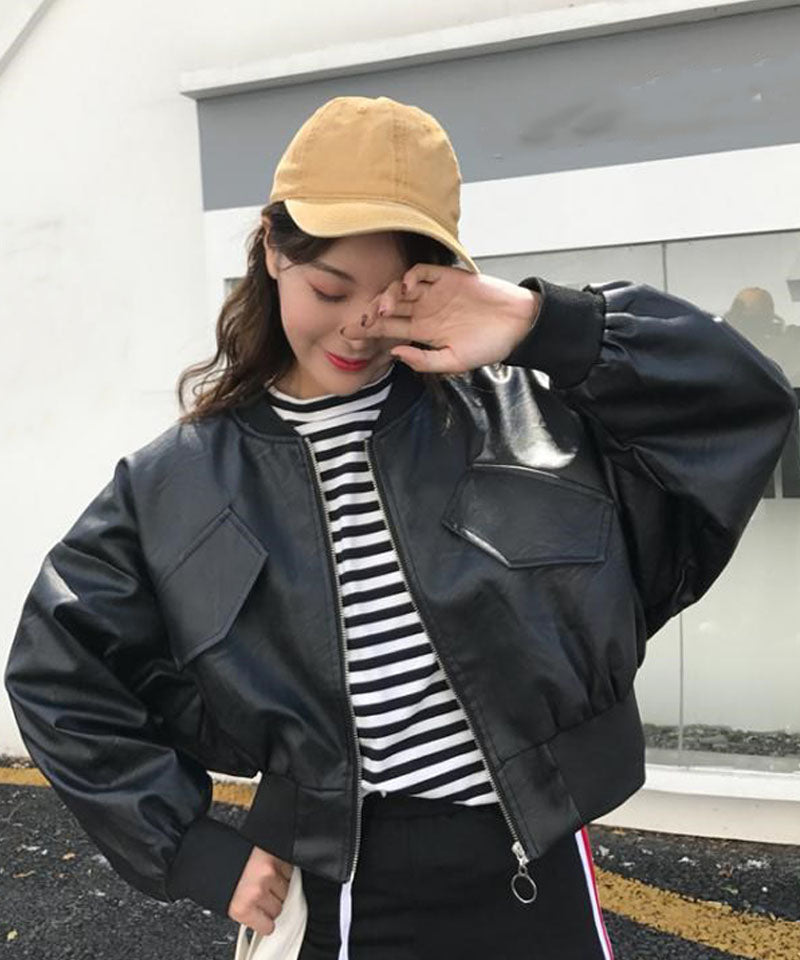 Shopping Go PU Jacket Women's Leather Jacket Women's Blouson Leather-Look Korean Style Outer Short Length