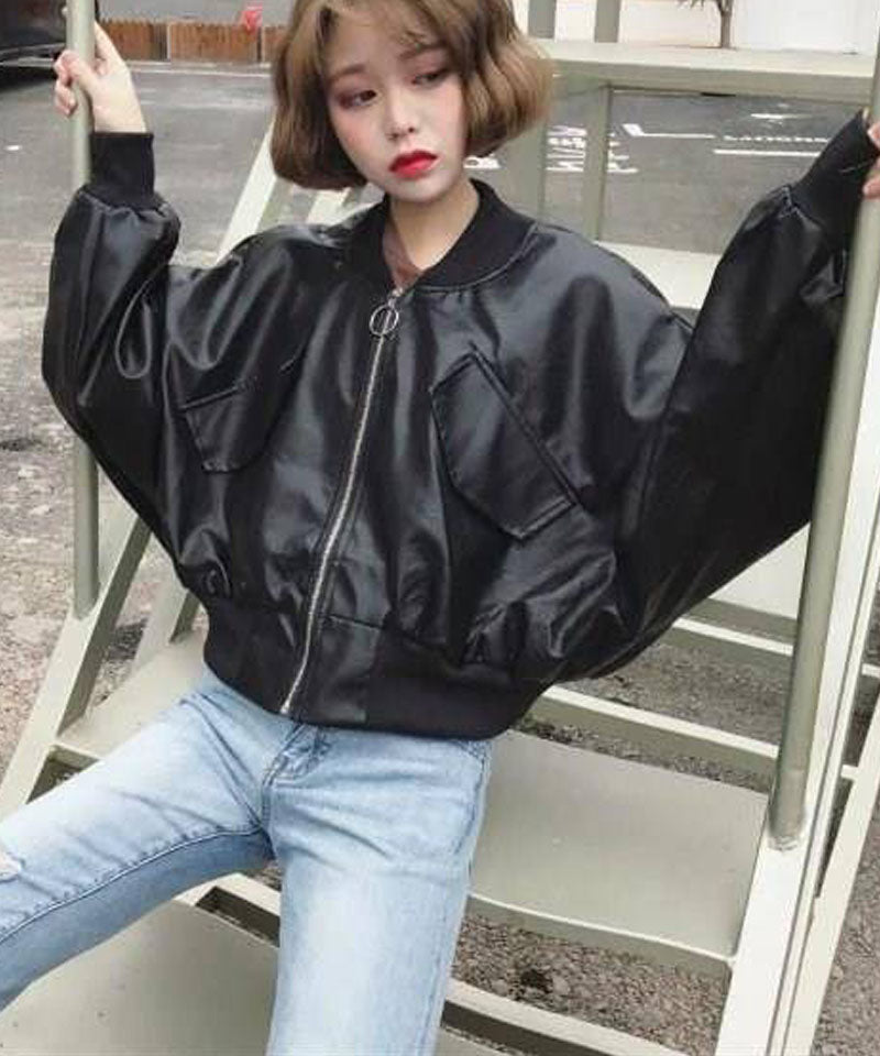 Shopping Go PU Jacket Women's Leather Jacket Women's Blouson Leather-Look Korean Style Outer Short Length