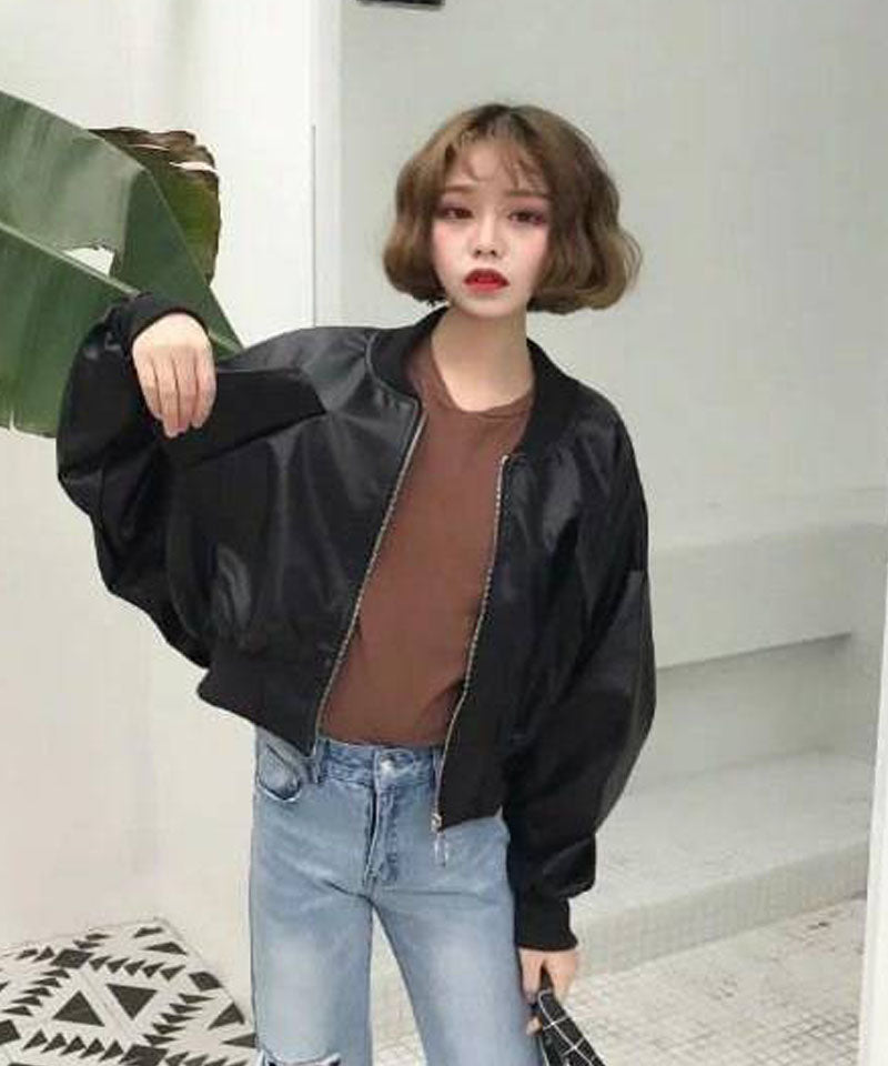 Shopping Go PU Jacket Women's Leather Jacket Women's Blouson Leather-Look Korean Style Outer Short Length