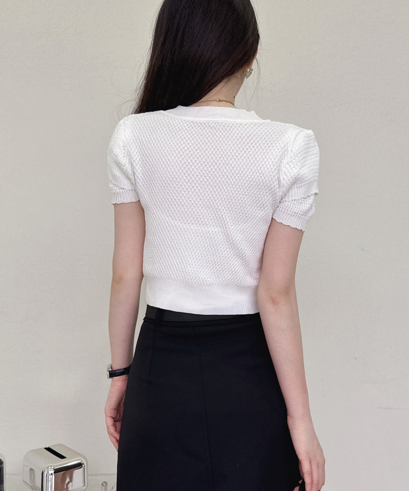 ショッピングゴー shoppinggo 夏服 新作 サマーニットトップス 2color＆3type ブローチ Tシャツ レディース きれいめ ショート丈トップス ニットソー 半袖tシャツ 可愛い 秋