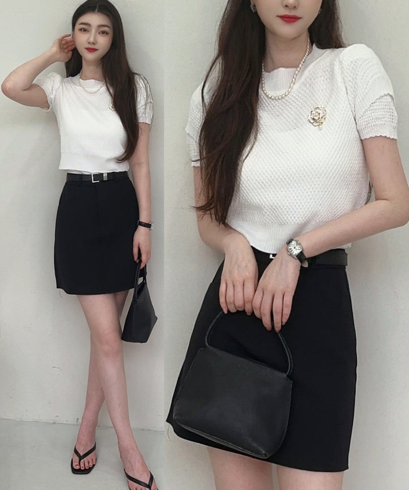 ショッピングゴー shoppinggo 夏服 新作 サマーニットトップス 2color＆3type ブローチ Tシャツ レディース きれいめ ショート丈トップス ニットソー 半袖tシャツ 可愛い 秋