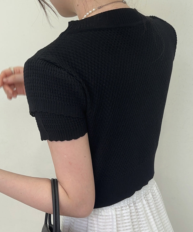 ショッピングゴー shoppinggo 夏服 新作 サマーニットトップス 2color＆3type ブローチ Tシャツ レディース きれいめ ショート丈トップス ニットソー 半袖tシャツ 可愛い 秋