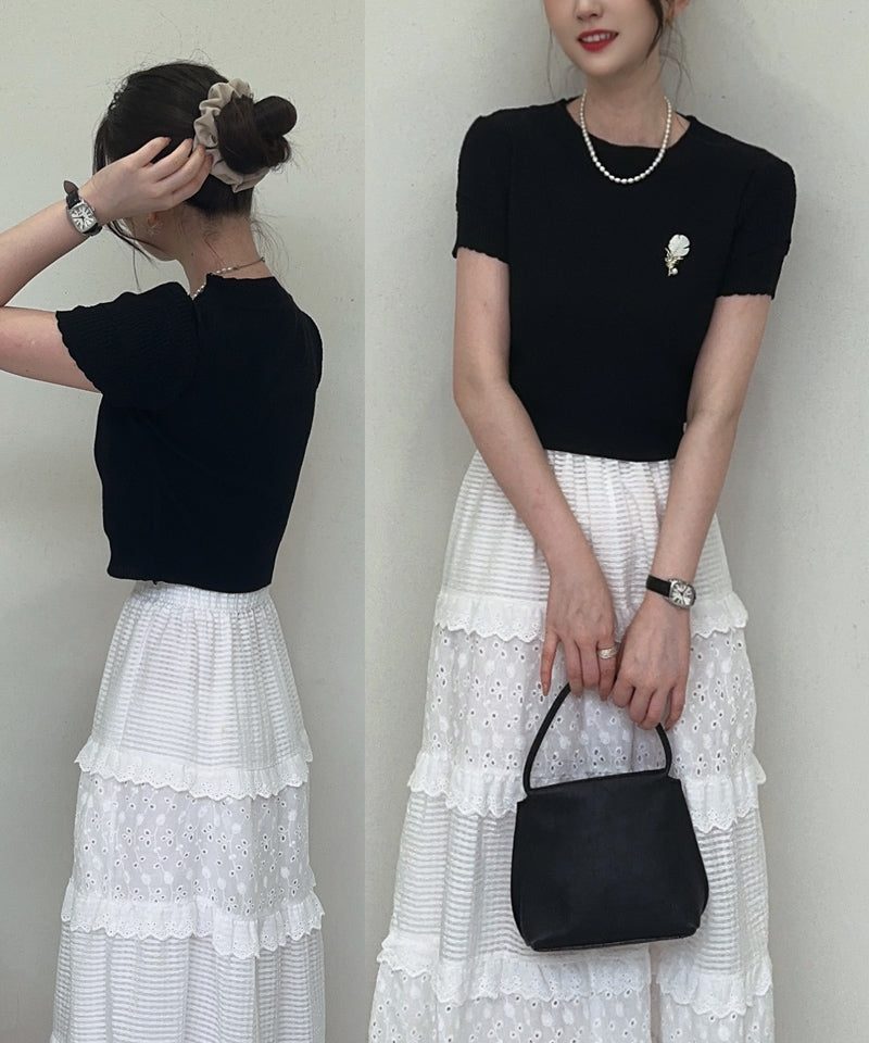 ショッピングゴー shoppinggo 夏服 新作 サマーニットトップス 2color＆3type ブローチ Tシャツ レディース きれいめ ショート丈トップス ニットソー 半袖tシャツ 可愛い 秋