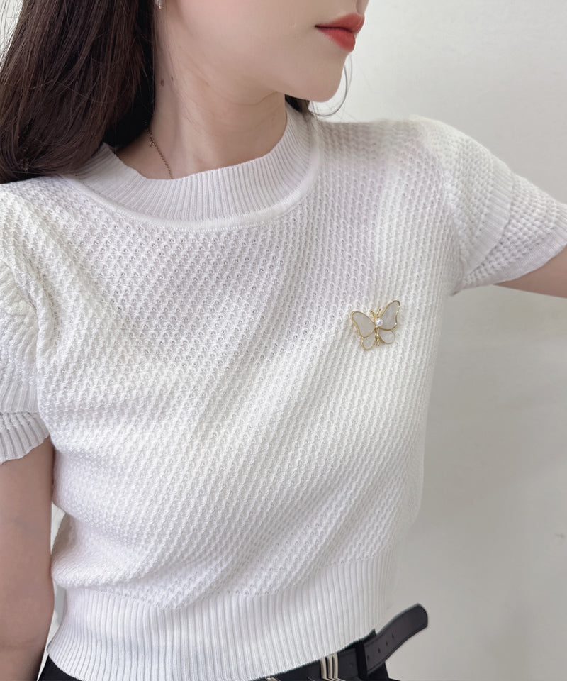 ショッピングゴー shoppinggo 夏服 新作 サマーニットトップス 2color＆3type ブローチ Tシャツ レディース きれいめ ショート丈トップス ニットソー 半袖tシャツ 可愛い 秋