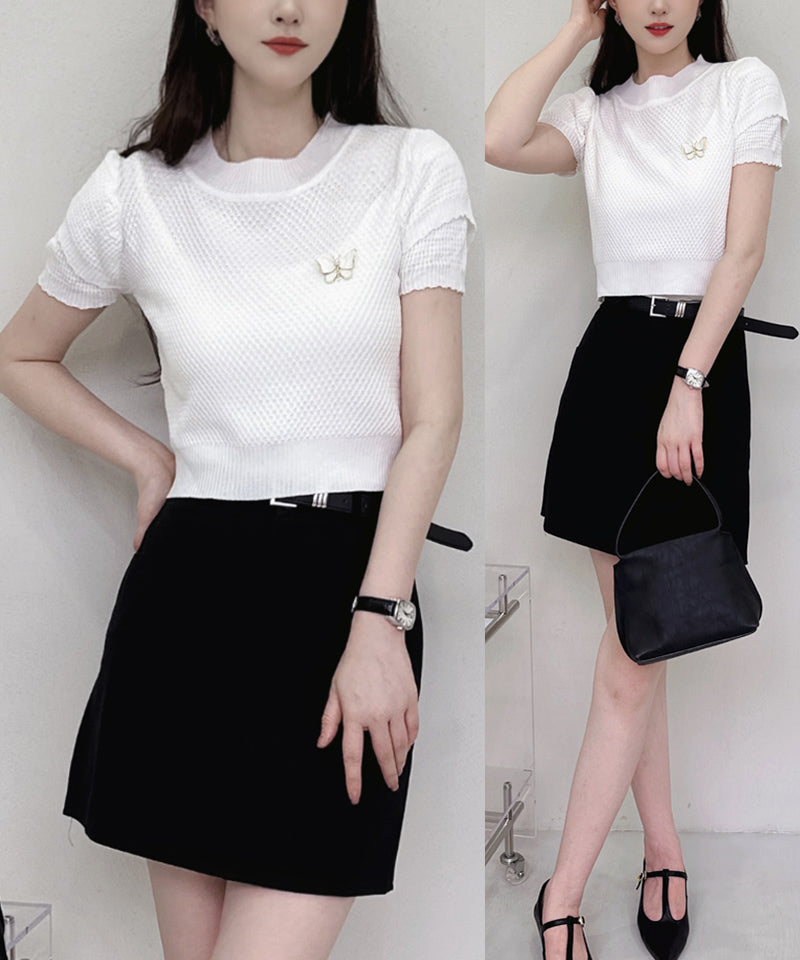 ショッピングゴー shoppinggo 夏服 新作 サマーニットトップス 2color＆3type ブローチ Tシャツ レディース きれいめ ショート丈トップス ニットソー 半袖tシャツ 可愛い 秋